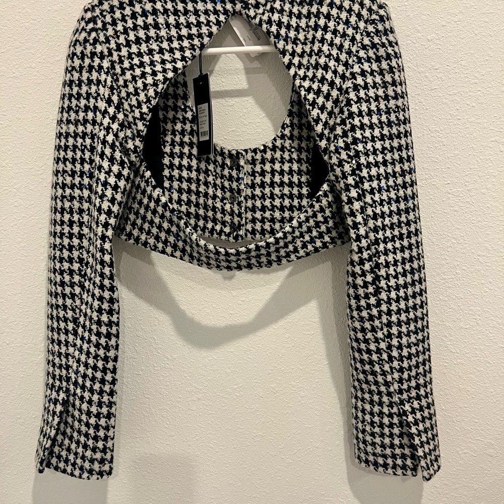 ROTATE Houndstooth Black and White sequin cropped jacket - Picture 5 of 7